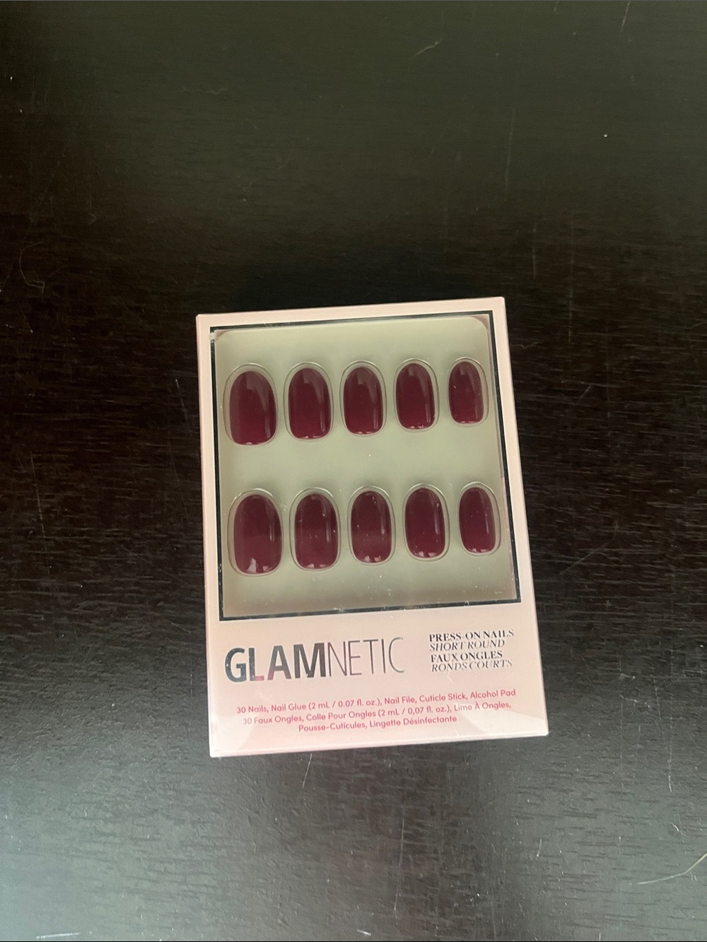 Glamnetic Short Round Press-On Nails in Deep Burgundy unopened